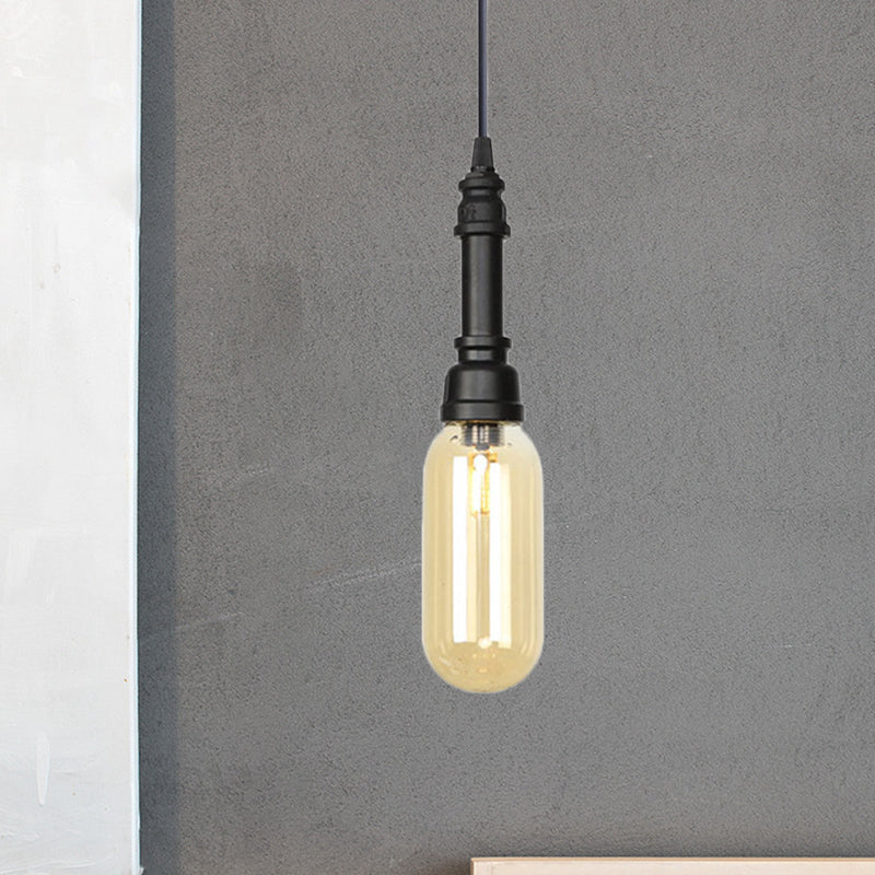Industrial Black Finish Amber Glass Pendant Lamp With Pipe Suspension - 1-Light Ball/Capsule