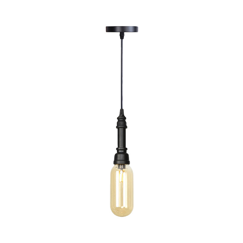 Industrial Black Finish Amber Glass Pendant Lamp With Pipe Suspension - 1-Light Ball/Capsule