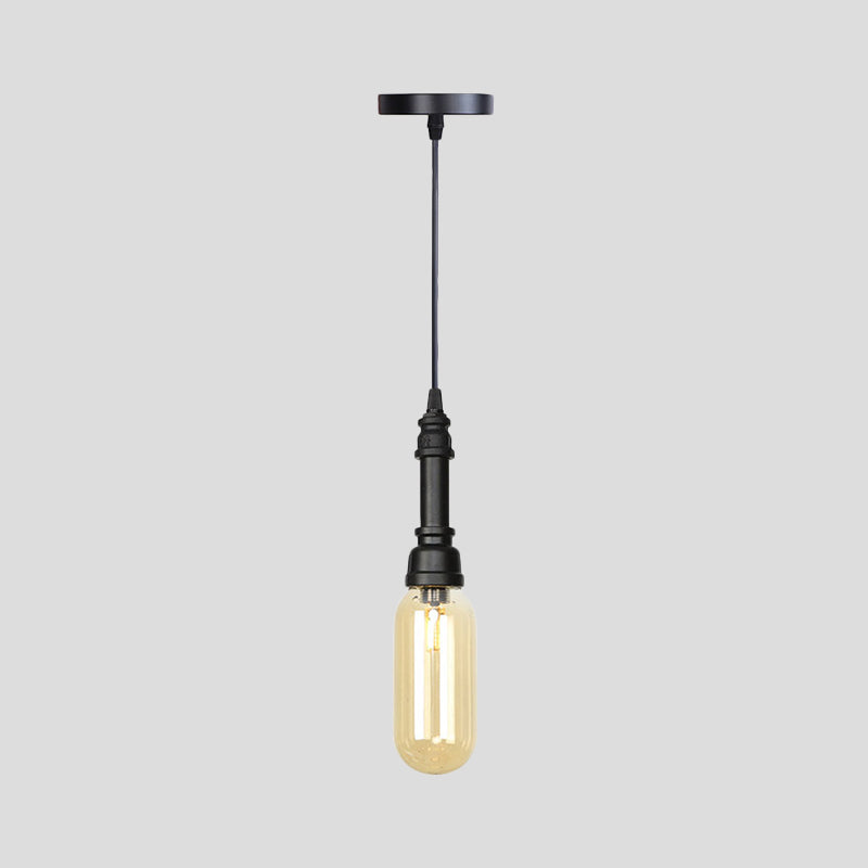 Industrial Black Finish Amber Glass Pendant Lamp With Pipe Suspension - 1-Light Ball/Capsule
