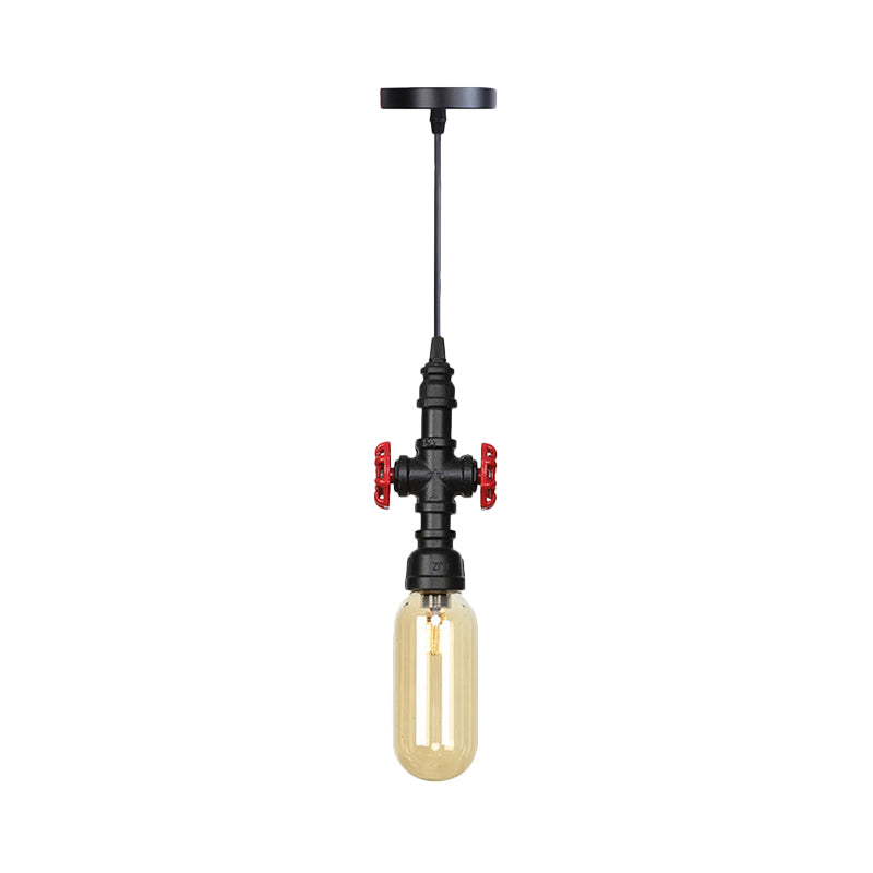 Industrial Black Finish Amber Glass Pendant Lamp With Pipe Suspension - 1-Light Ball/Capsule