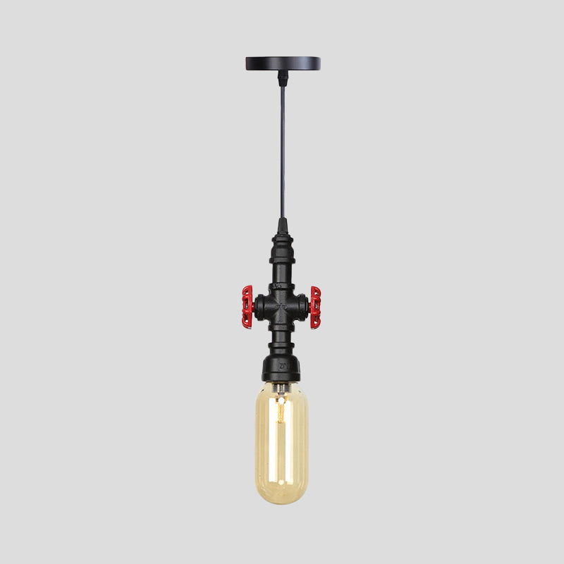 Industrial Black Finish Amber Glass Pendant Lamp With Pipe Suspension - 1-Light Ball/Capsule