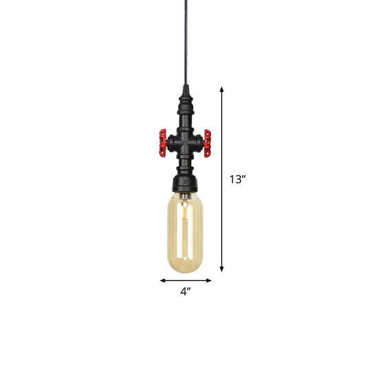 Industrial Black Finish Amber Glass Pendant Lamp With Pipe Suspension - 1-Light Ball/Capsule