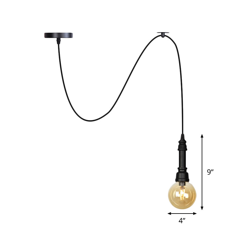 Vintage Amber Glass Swag Pendant Light - Restaurant Sphere/Capsule Design 1-Head With Black Pipe