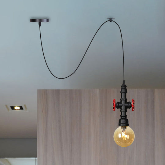 Vintage Amber Glass Swag Pendant Light - Restaurant Sphere/Capsule Design 1-Head With Black Pipe