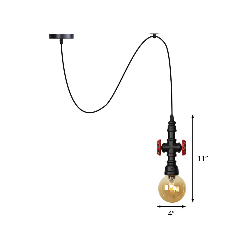 Vintage Amber Glass Swag Pendant Light - Restaurant Sphere/Capsule Design 1-Head With Black Pipe