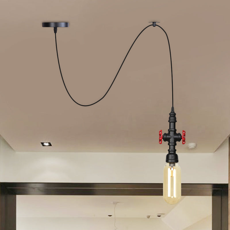 Vintage Amber Glass Swag Pendant Light - Restaurant Sphere/Capsule Design 1-Head With Black Pipe