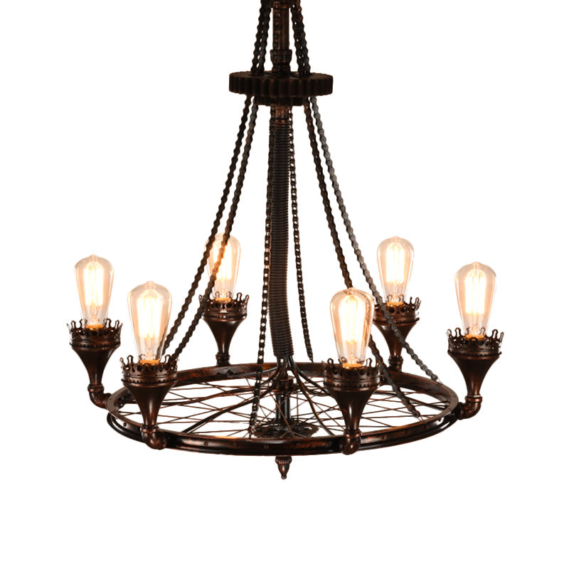 Alniyat - Vintage Rust Wheel Chandelier Pendant Light Industrial Metallic 6-Bulb Restaurant