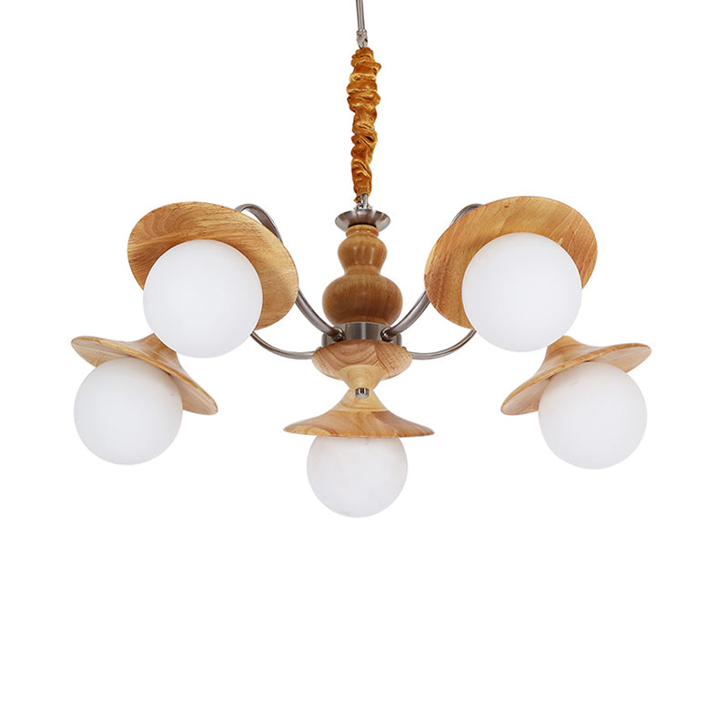 Contemporary Wood Chandelier With Flared Design - 5 Bulb Hanging Light Kit For Restaurants