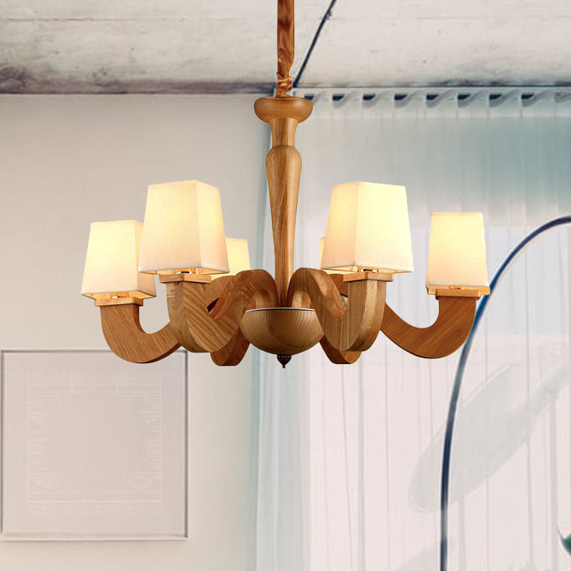 Modern Wood Chandelier With Curved Arms And Trapezoid Fabric Shades - 6 Head Ceiling Lamp