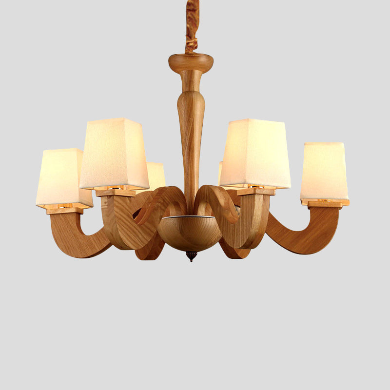 Modern Wood Chandelier With Curved Arms And Trapezoid Fabric Shades - 6 Head Ceiling Lamp