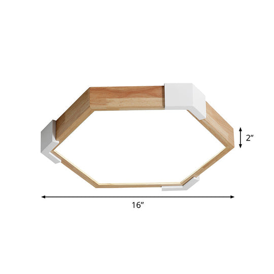 16’/20’ W Hexagon Flush Led Bedroom Lamp In White/Warm Light - Simple Wood Design