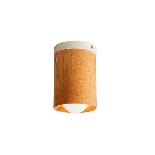 Minimalistic Beige Tubular Flushmount Ceiling Lamp With Wood Accent For Bedroom - 1 Bulb Flush