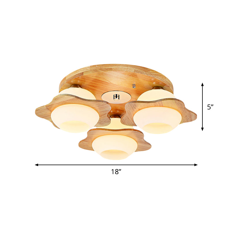 Modernist Floral Wood Flush Mount With Frosted Glass Shade - 3/5 Lights Beige Fixture