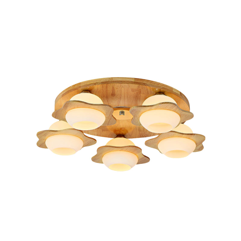Modernist Floral Wood Flush Mount With Frosted Glass Shade - 3/5 Lights Beige Fixture