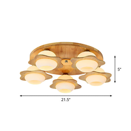 Modernist Floral Wood Flush Mount With Frosted Glass Shade - 3/5 Lights Beige Fixture