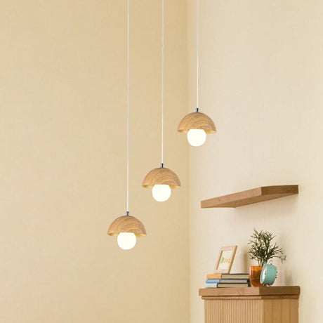 Modern Beige Wood Dome Pendant Chandelier With Multi-Light Design - 3 Bulbs