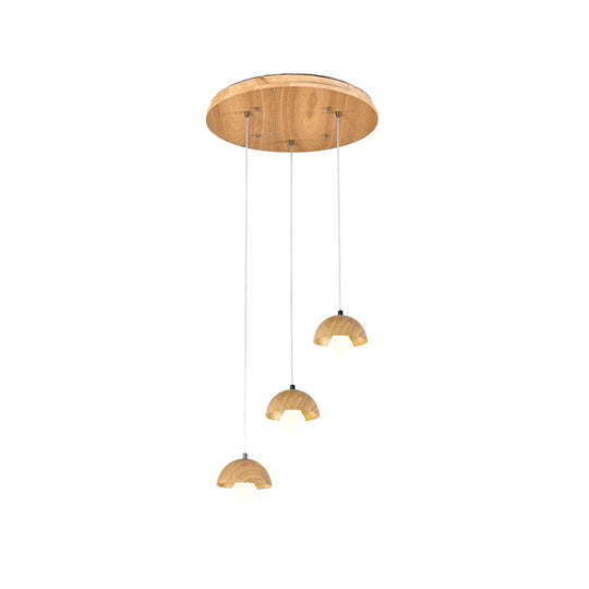 Modern Beige Wood Dome Pendant Chandelier With Multi-Light Design - 3 Bulbs