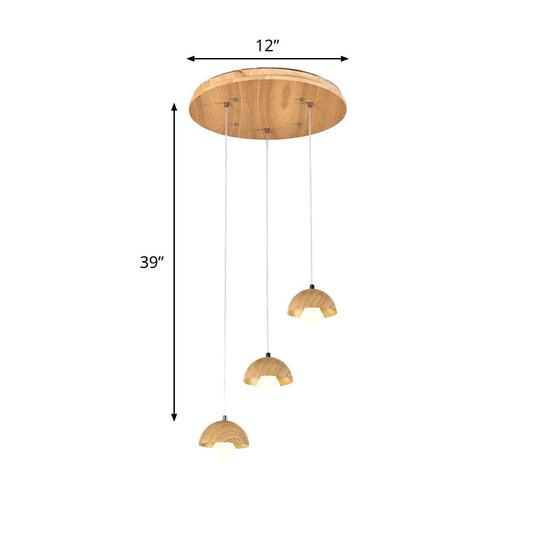 Modern Wood Dome Pendant Chandelier With 3 Beige Bulbs - Stylish Hanging Ceiling Lamp