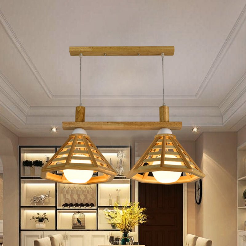 Modernist 2-Bulb Beige Polygon Pendant Lamp With Wood Shade