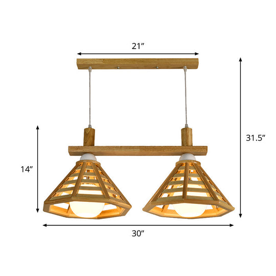 Modernist 2-Bulb Beige Polygon Pendant Lamp With Wood Shade