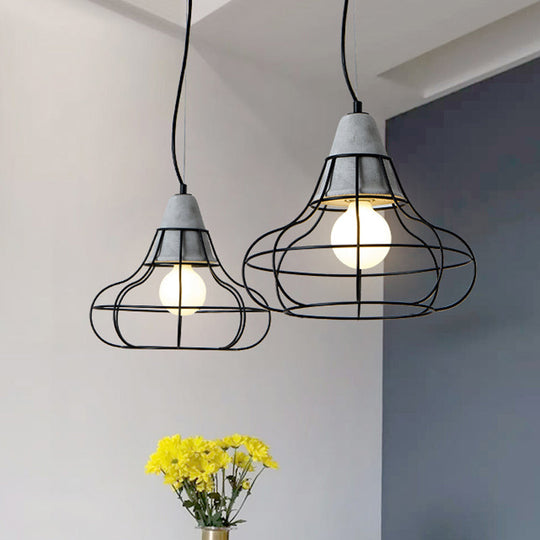 Black Iron Cage Pendant Light Kit With Cement Cap For Industrial Decor