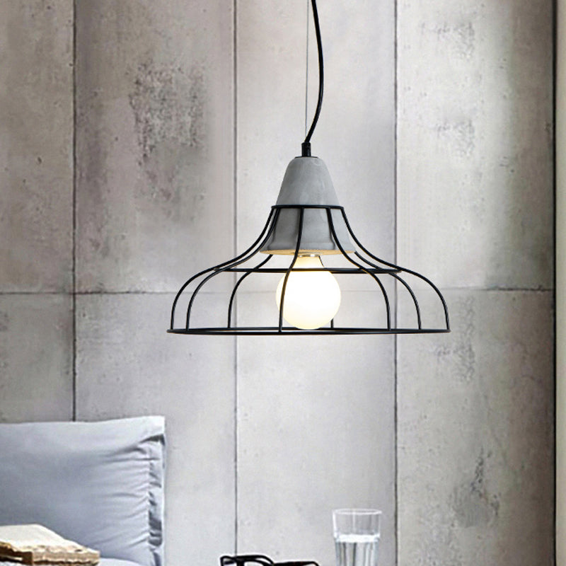 Black Iron Cage Pendant Light Kit With Cement Cap For Industrial Decor