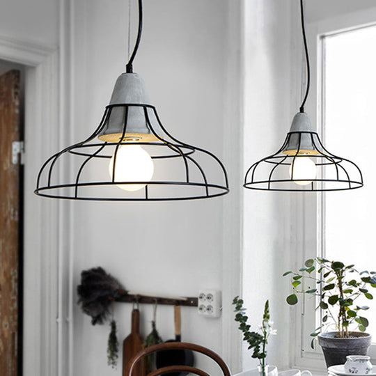 Black Iron Cage Pendant Light Kit With Cement Cap For Industrial Decor