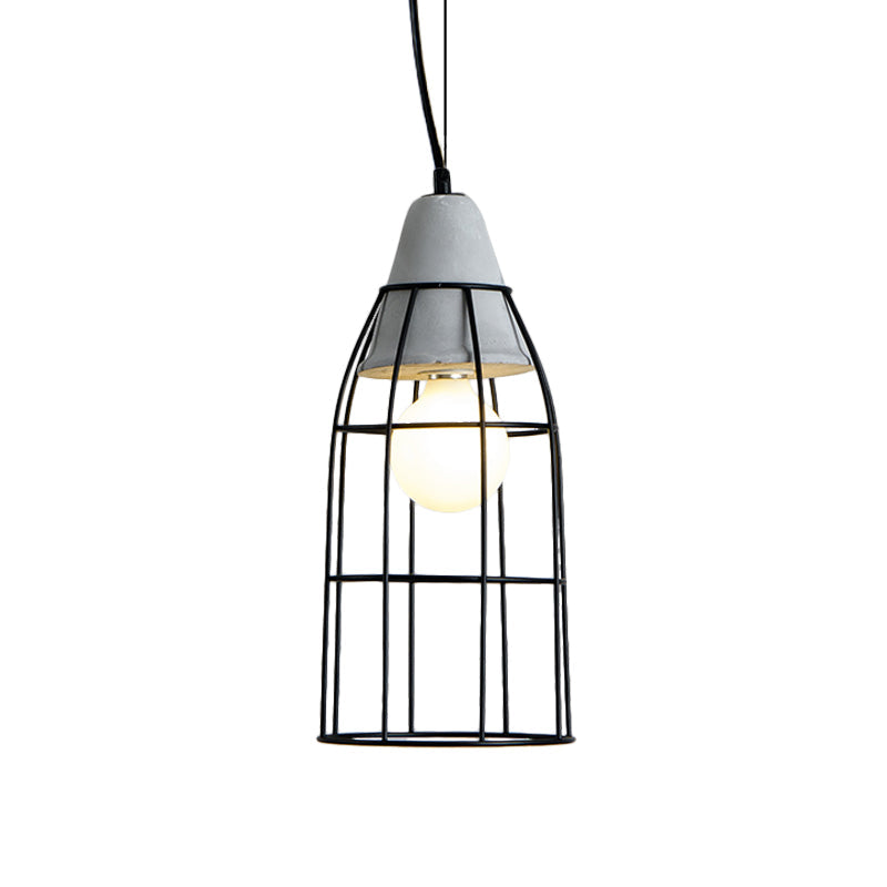 Black Iron Cage Pendant Light Kit With Cement Cap For Industrial Decor