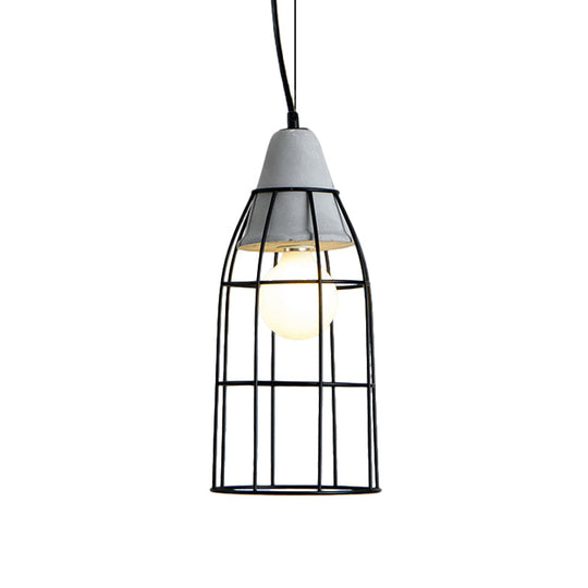 Black Iron Cage Pendant Light Kit With Cement Cap For Industrial Decor