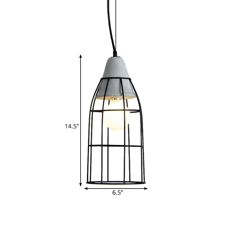 Black Iron Cage Pendant Light Kit With Cement Cap For Industrial Decor