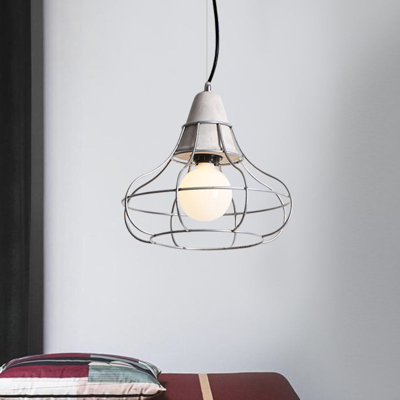 Industrial Silver Cage Pendant Light Fixture For Coffee House 1 Head Iron Cement Ceiling Lamp