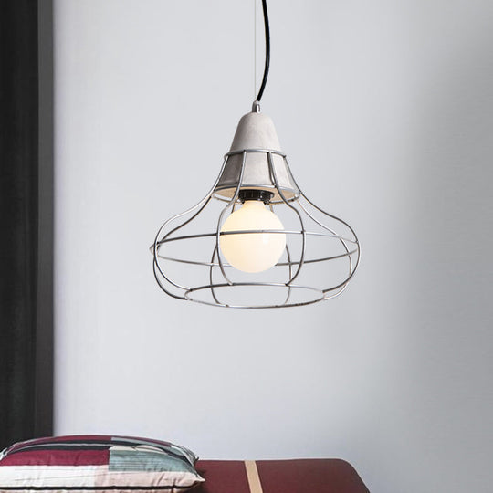 Industrial Silver Cage Pendant Light Fixture For Coffee House 1 Head Iron Cement Ceiling Lamp
