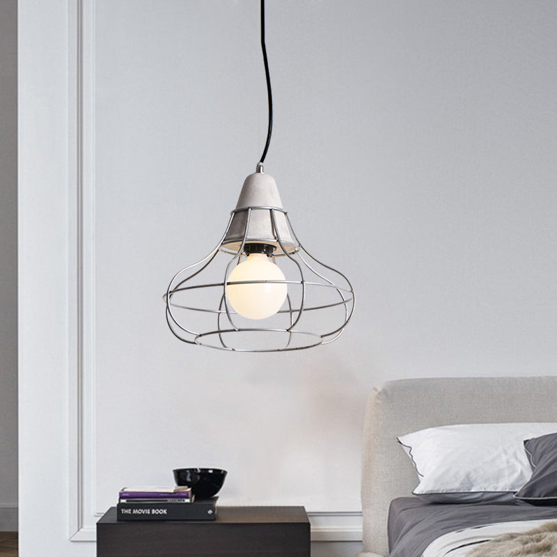 Industrial Silver Cage Pendant Light Fixture For Coffee House 1 Head Iron Cement Ceiling Lamp