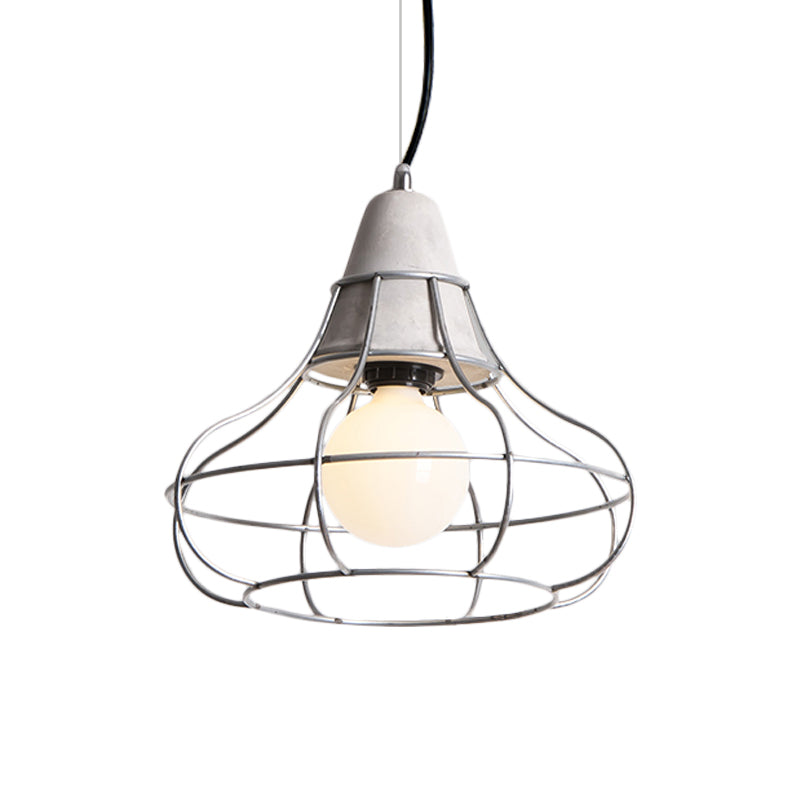 Industrial Silver Cage Pendant Light Fixture For Coffee House 1 Head Iron Cement Ceiling Lamp