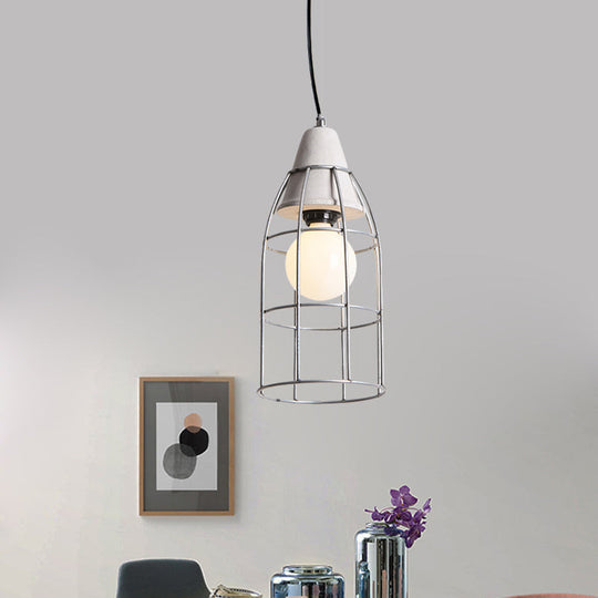Industrial Silver Cage Pendant Light Fixture For Coffee House 1 Head Iron Cement Ceiling Lamp