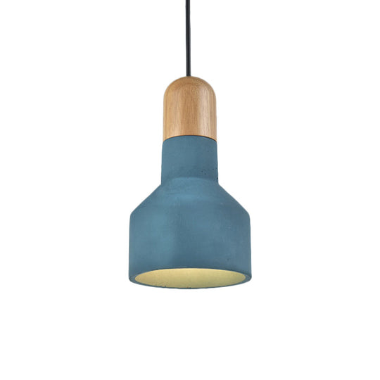 Jar Pendant Light Kit: Industrial Grey/Red/Blue Cement Hanging Lamp With Wood Top - 1-Bulb