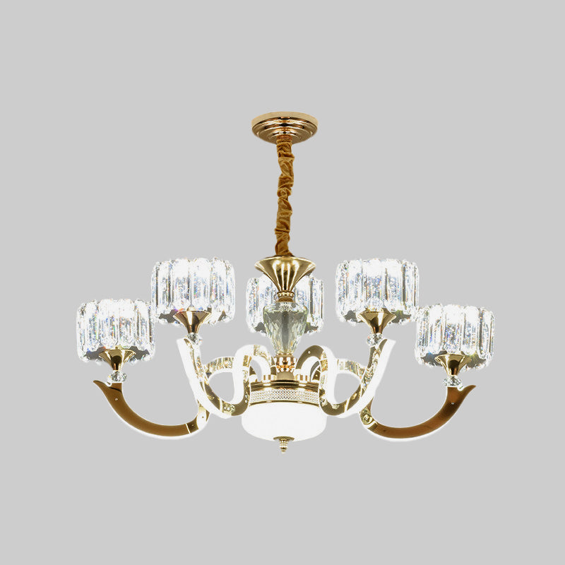 Modern Gold Drum Chandelier With Crystal Blocks - 3/5 Lights Led For Living Room