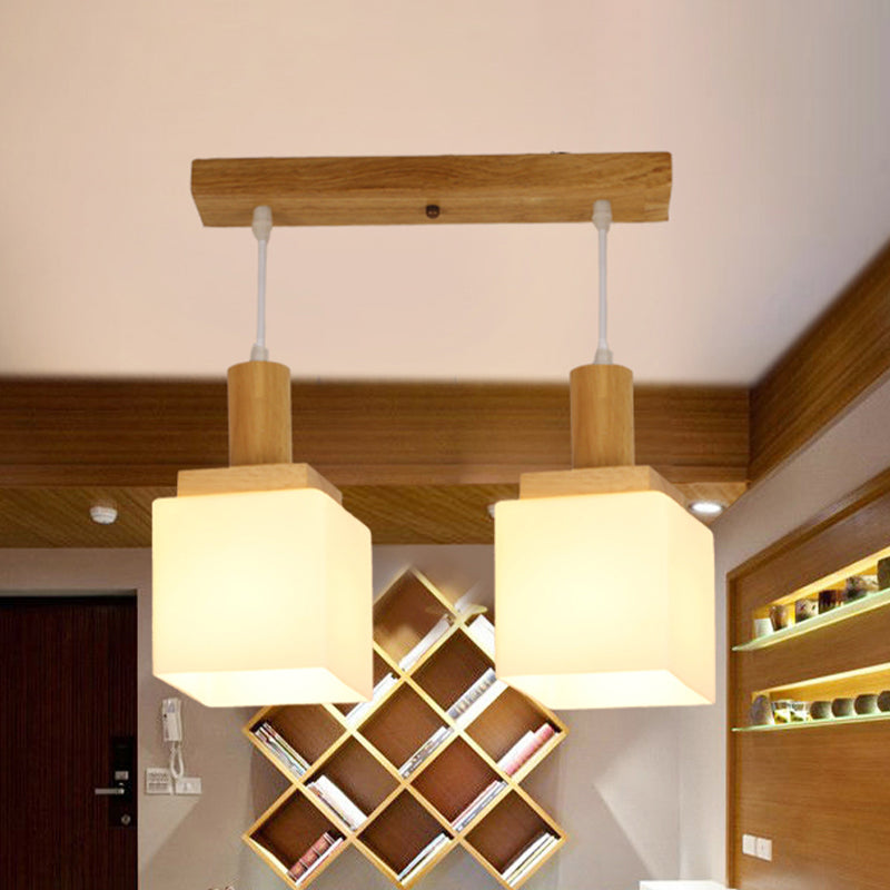 Modern Wood Cube Hanging Light With Opal Glass Shades - 2/3 Heads Pendant Lamp Fixture 2 /