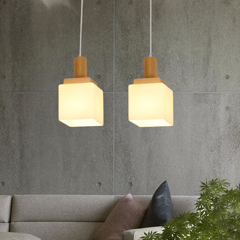 Modern Wood Cube Hanging Light With Opal Glass Shades - 2/3 Heads Pendant Lamp Fixture