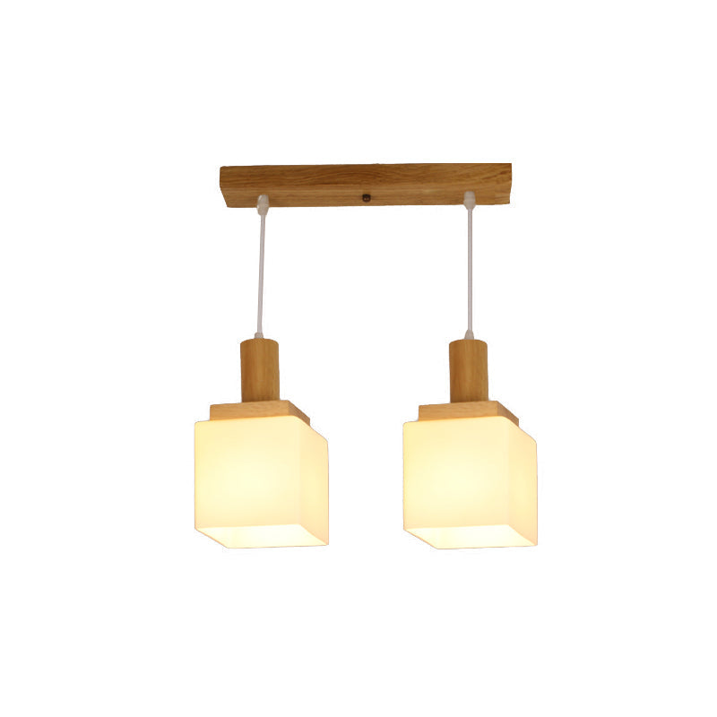 Modern Wood Cube Hanging Pendant Light With Opal Glass - 2/3 Heads Linear Canopy