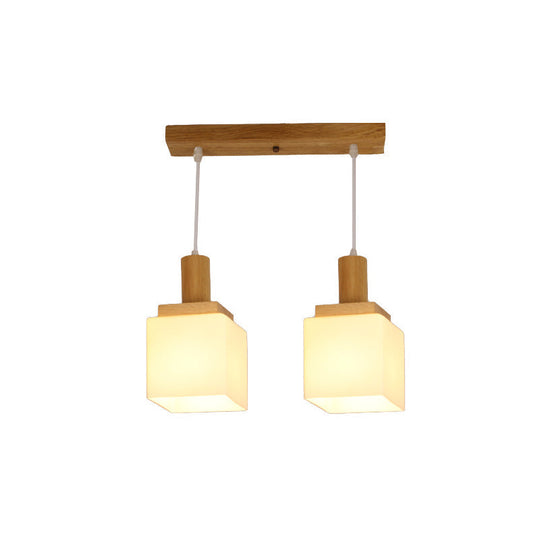 Modern Wood Cube Hanging Light With Opal Glass Shades - 2/3 Heads Pendant Lamp Fixture