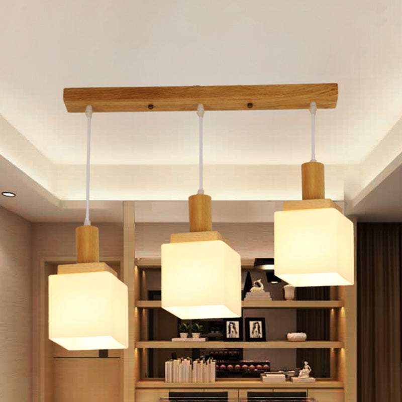 Modern Wood Cube Hanging Pendant Light With Opal Glass - 2/3 Heads Linear Canopy