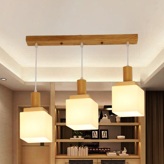 Modern Wood Cube Hanging Pendant Light With Opal Glass - 2/3 Heads Linear Canopy