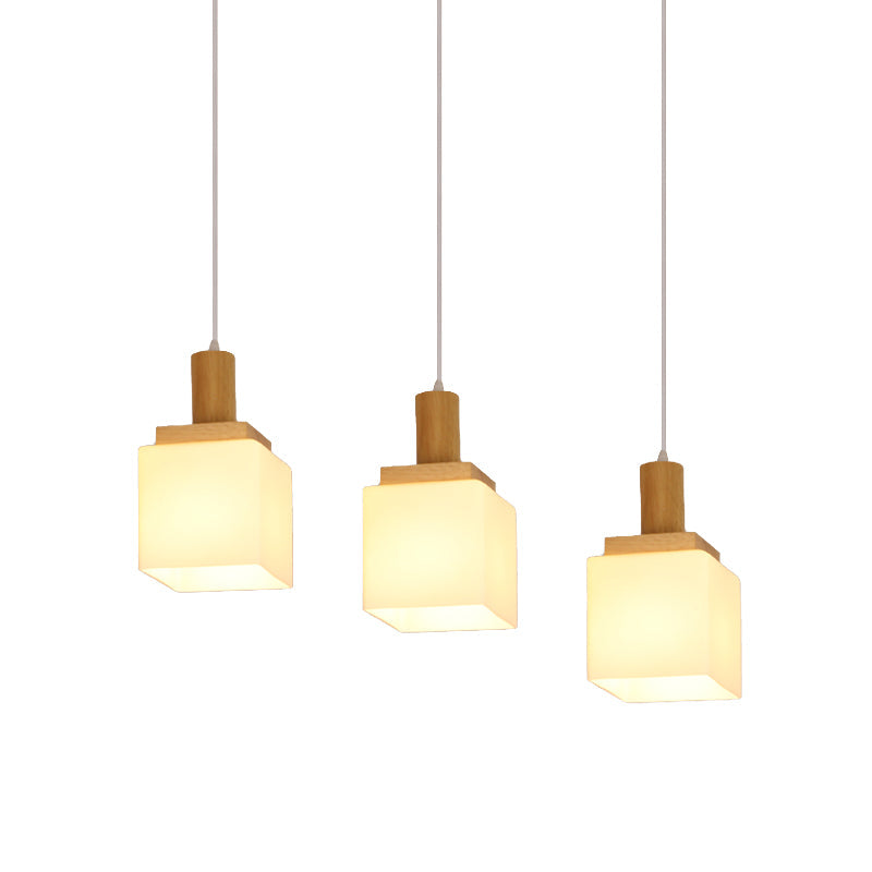 Modern Wood Cube Hanging Pendant Light With Opal Glass - 2/3 Heads Linear Canopy
