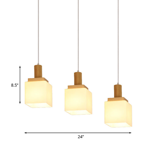 Modern Wood Cube Hanging Light With Opal Glass Shades - 2/3 Heads Pendant Lamp Fixture