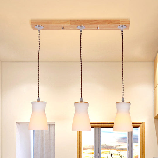 White Glass Milk Can Multi Ceiling Light - Modern Dining Room Hanging Lamp Kit With 3 Lights Wood