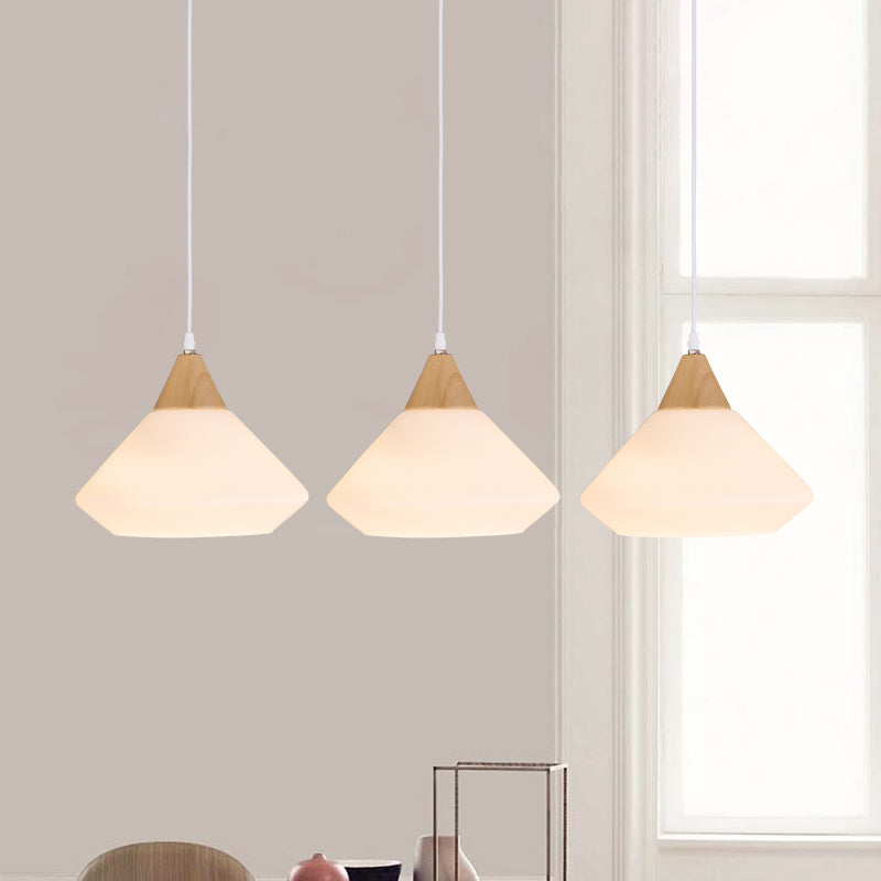 Wooden Cone Pendant Light With 3 Cream Glass Bulbs For Multiple Hanging - Simplistic Ceiling Fixture