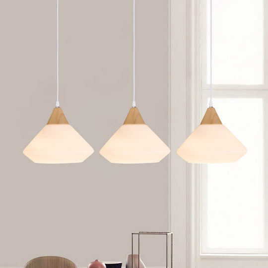 Simple Wood Cone Pendant Light With Cream Glass - 3 Bulbs Hanging Ceiling Lamp Fixture