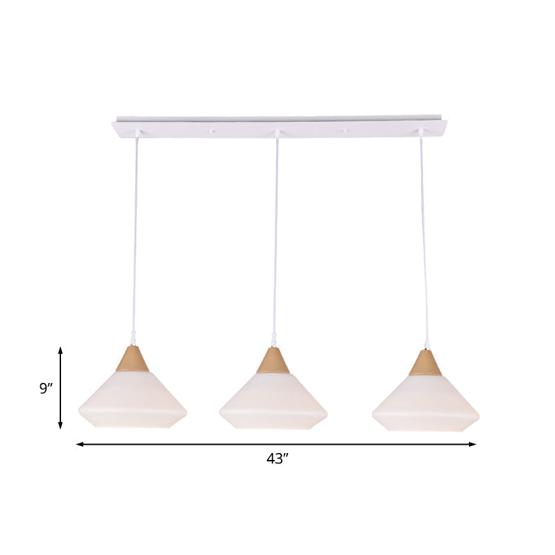 Simple Wood Cone Pendant Light With Cream Glass - 3 Bulbs Hanging Ceiling Lamp Fixture