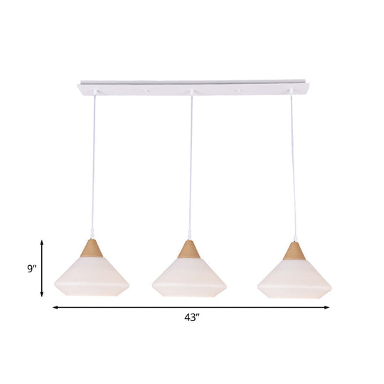 Simple Wood Cone Pendant Light With Cream Glass - 3 Bulbs Hanging Ceiling Lamp Fixture